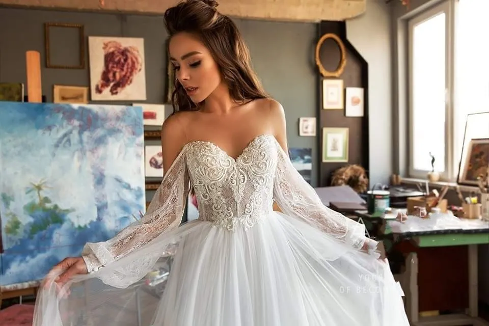 A Line Long Sleeve Wedding Dresses Tulle  Beach Scoop Wedding Dresses ER2059