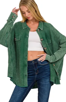 Acid Wash Oversized Cotton Waffle Shacket (Dark Green)