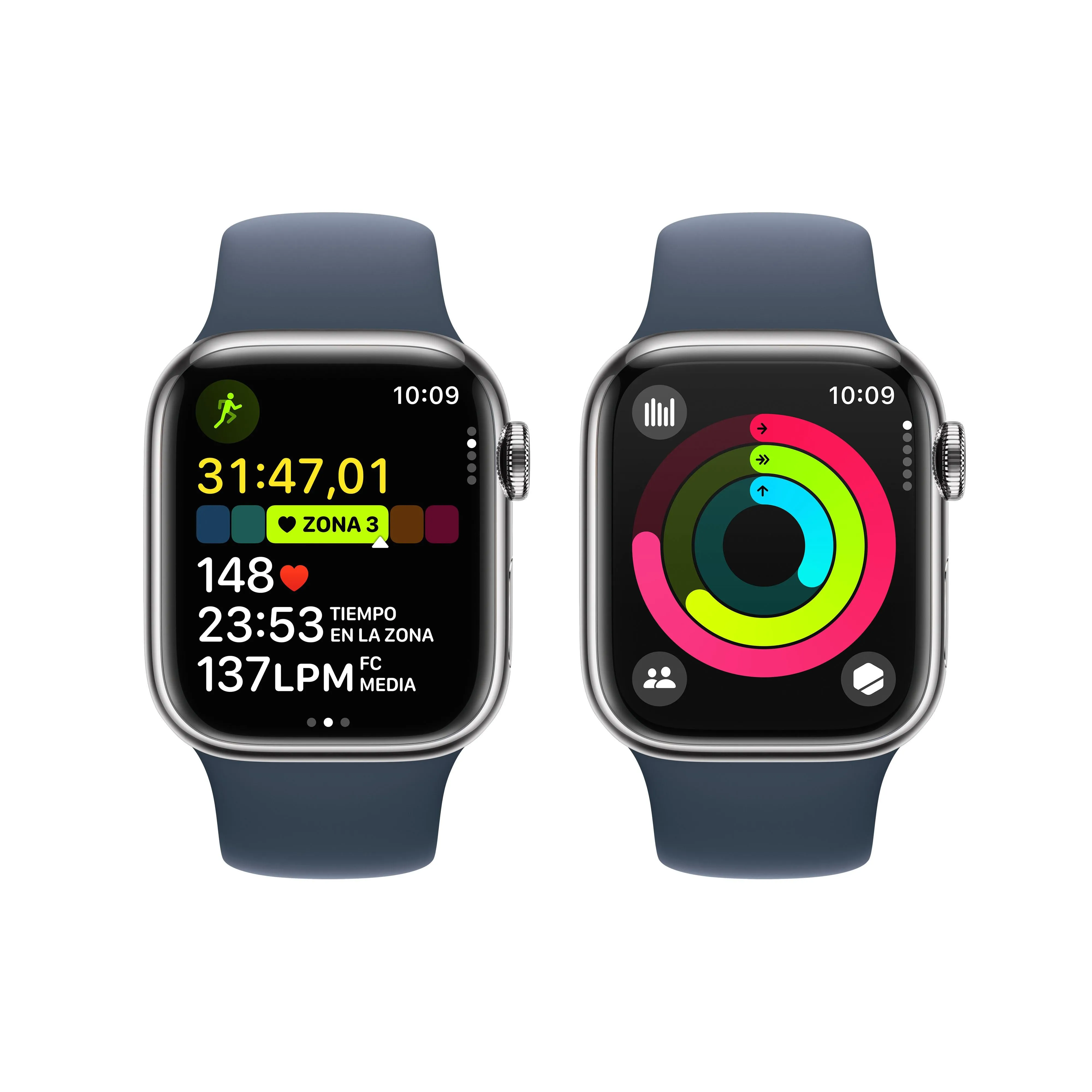 Apple Watch Series 9 (GPS   Cellular) - Caja de acero inoxidable en plata de 41 mm - Correa deportiva azul tempestad - Talla S/M