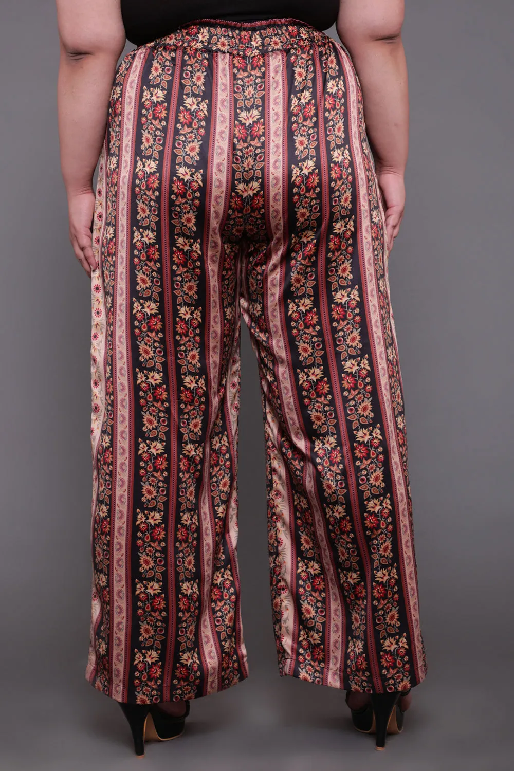 Beige Ethnic Print High Waise Satin Pants