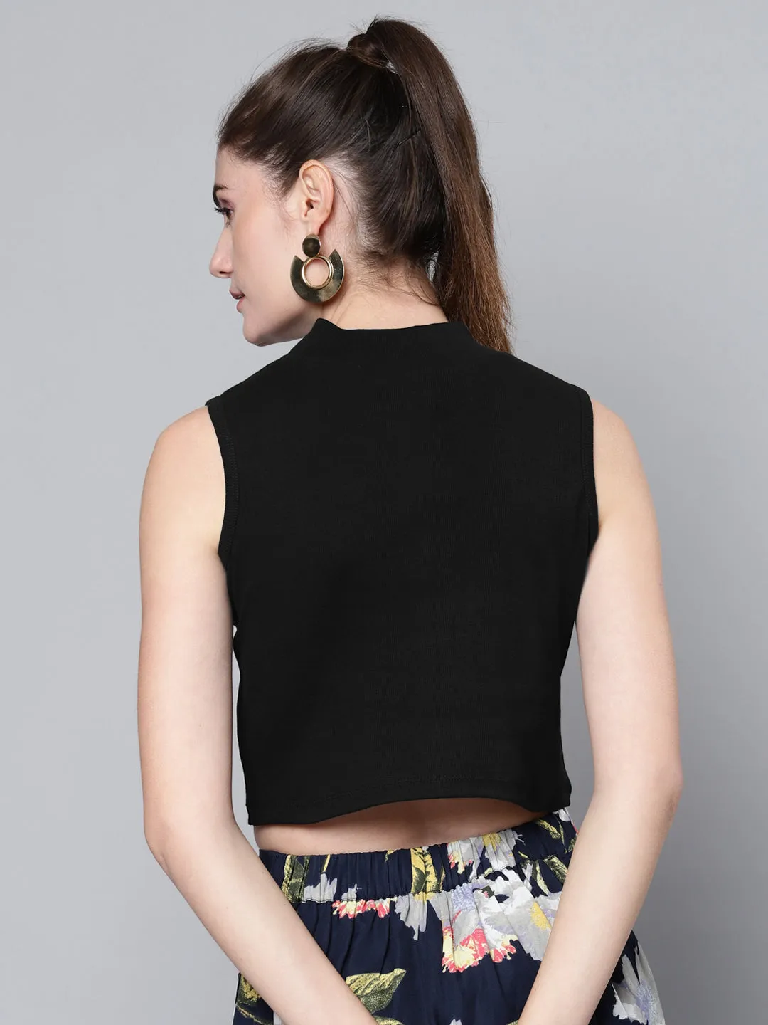 Black High Neck Sleeveless Rib Crop Top