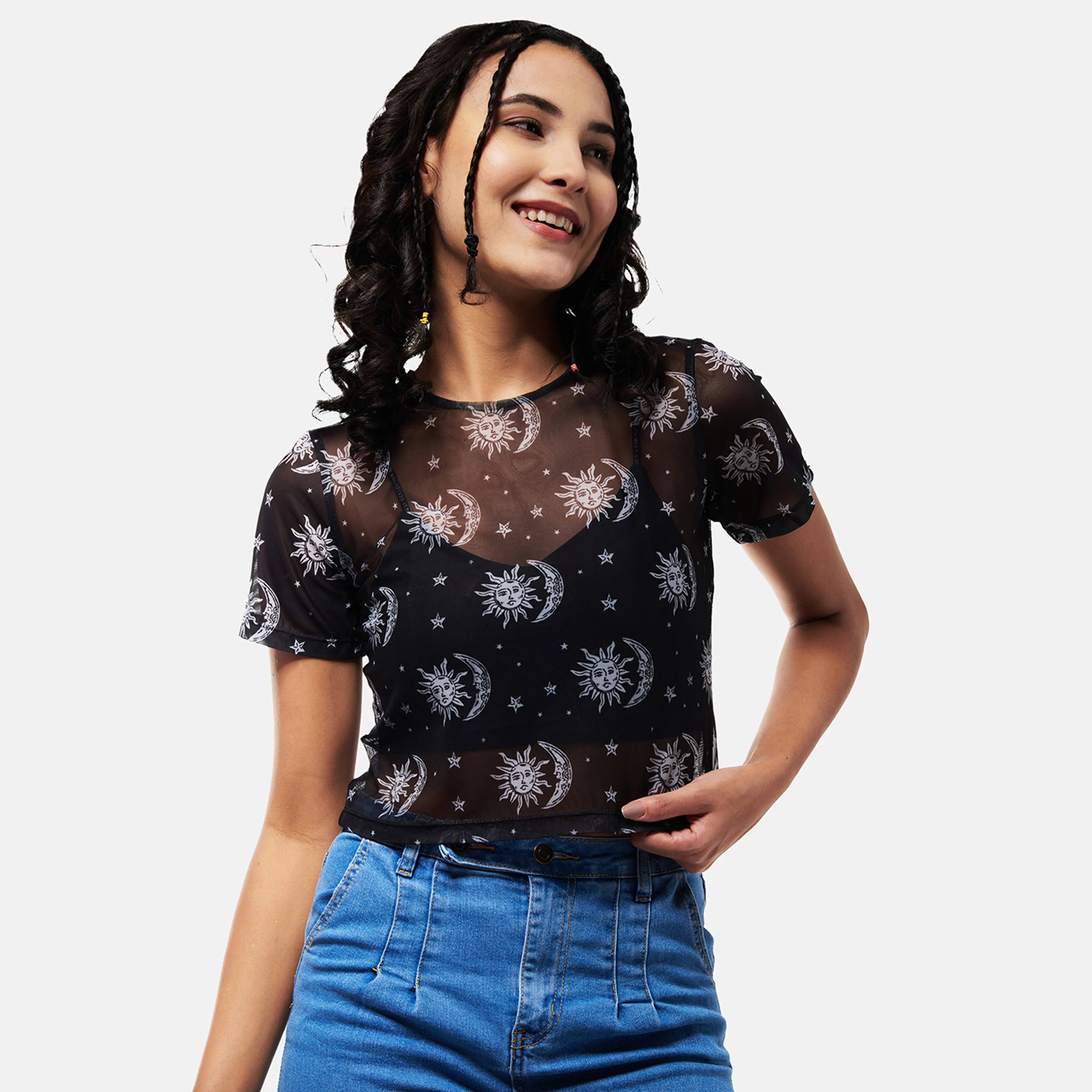 Black Sun Print Mesh Top