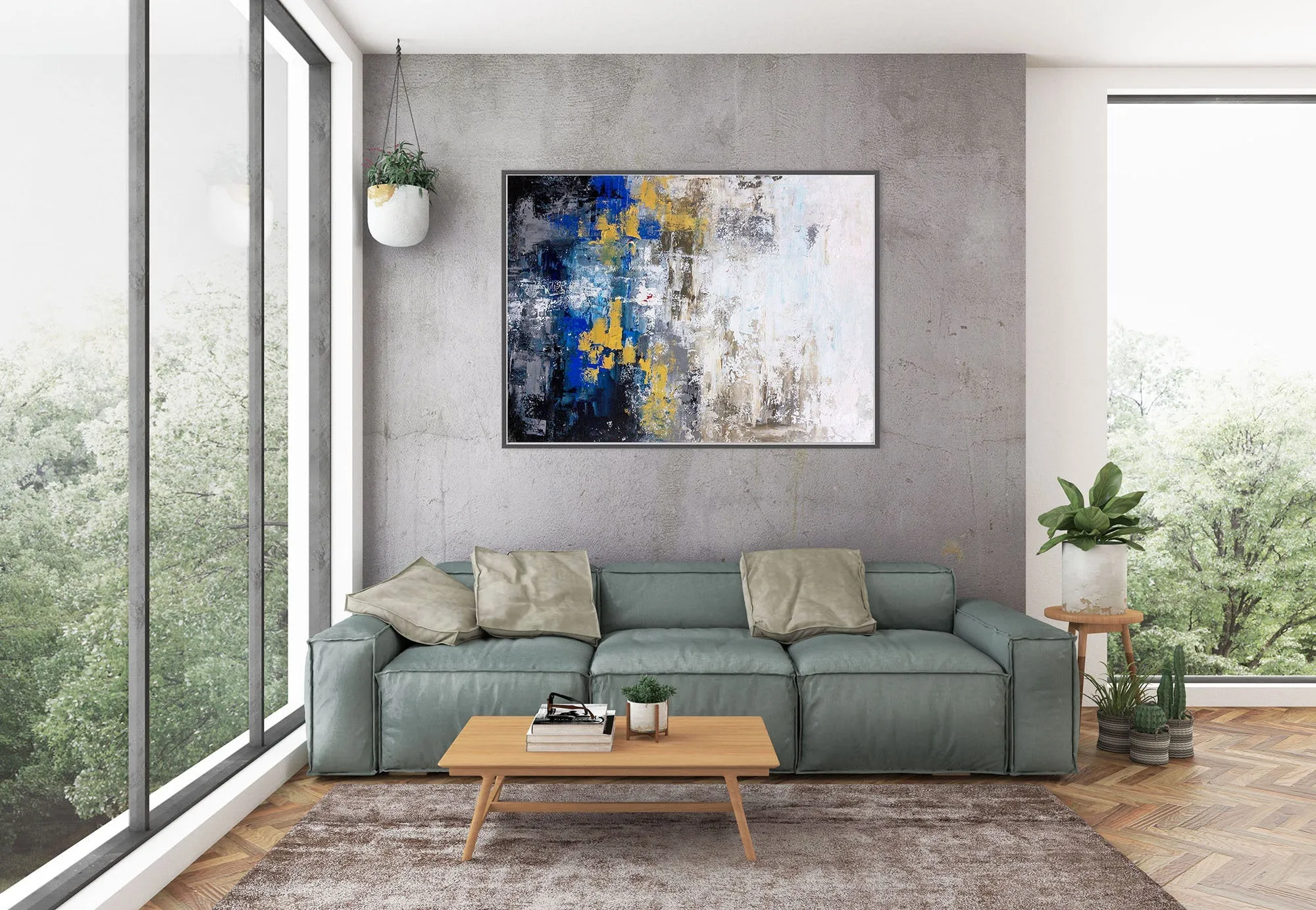 Blue Gray Gold Abstract Painting Coloful Paintings Modern Art Kp122