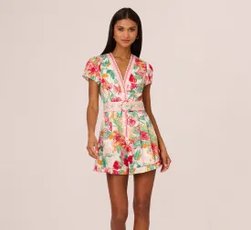 Bright Floral Print Button Up Romper With Belted Waist In Pink-Green Multi