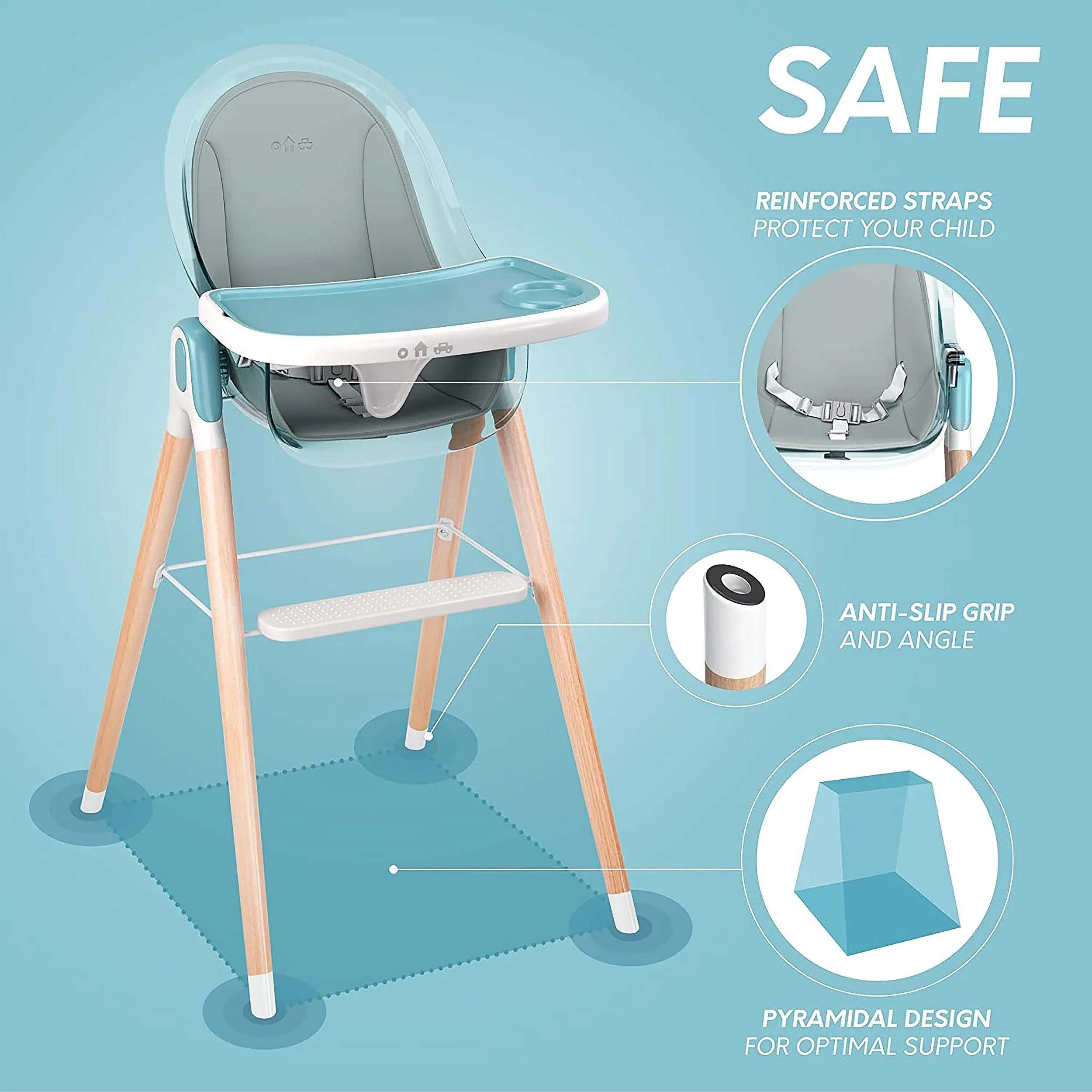 Children Of Design Non-Reclinable Classic Wooden High Chair with Cushion - Blue