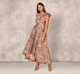 Clipped Jacquard High Low Gown With Ruffle One Shoulder Neck In Rust Multi