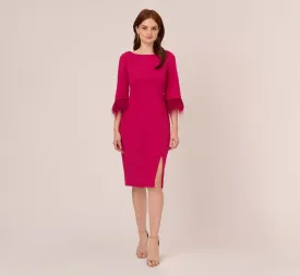 Crepe Sheath Dress With V-Back And Feather-Trim Sleeves In Rich Magenta