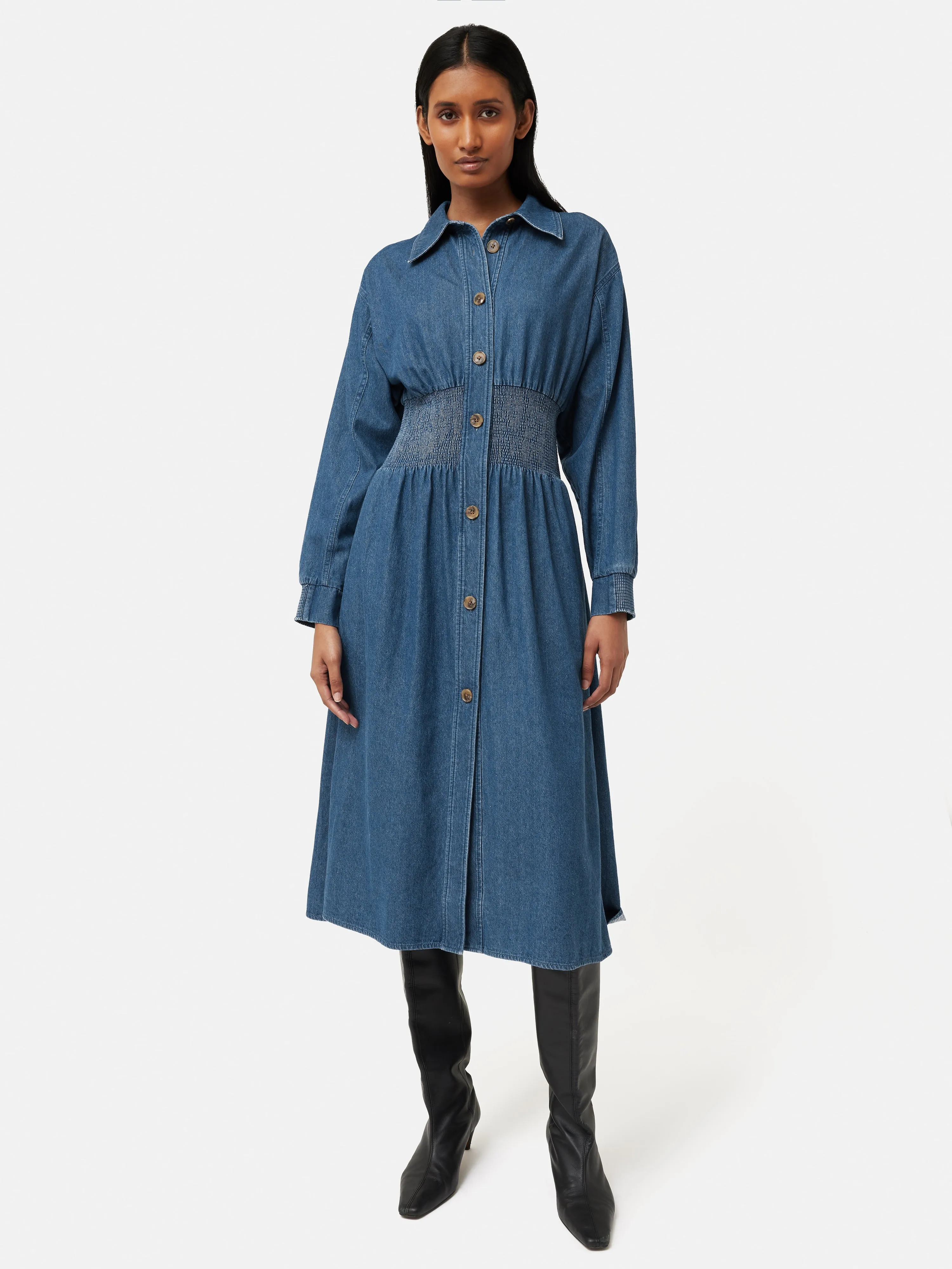 Denim Smocked Waist Shirt Dress | Blue