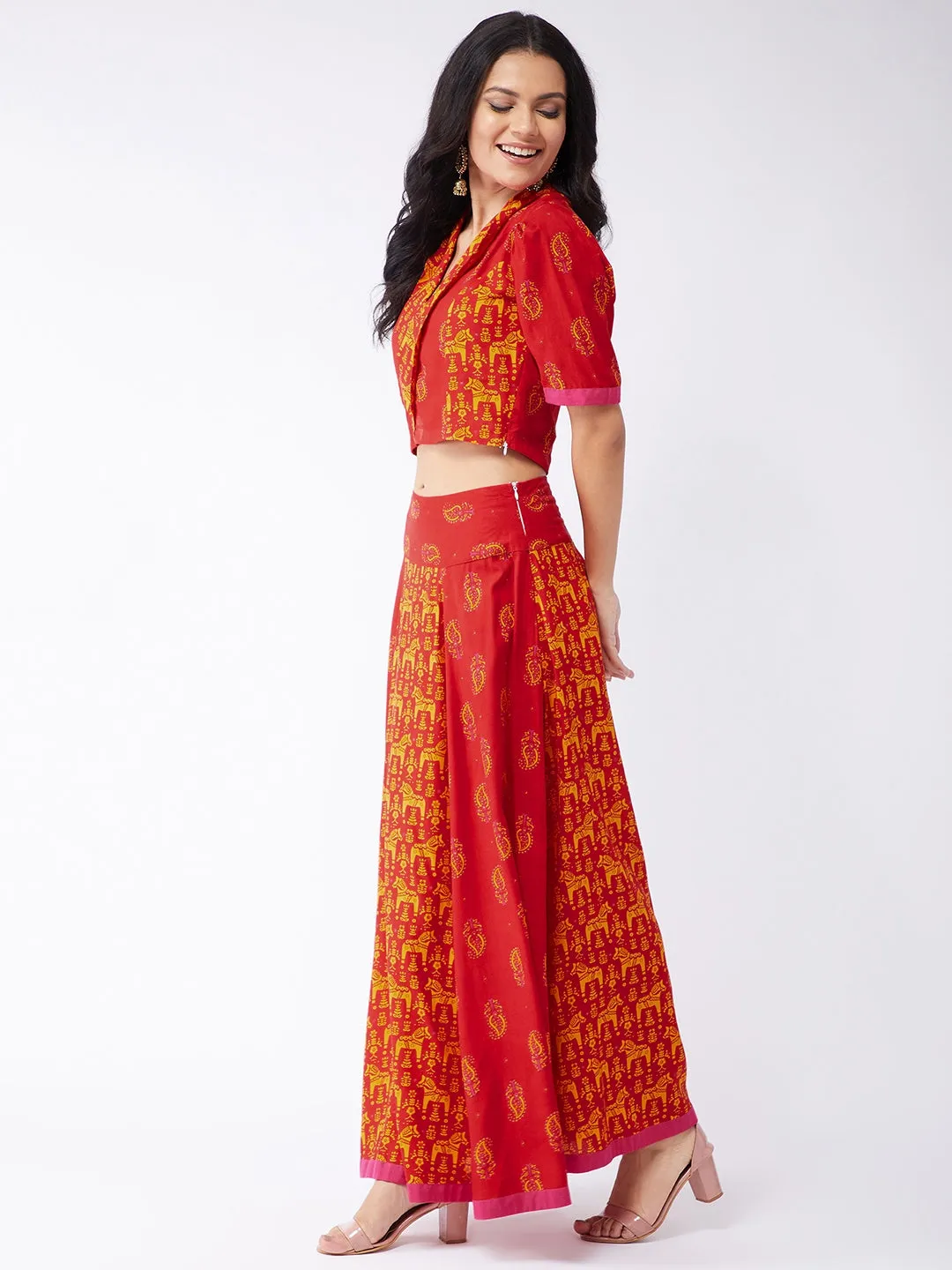 Digital Printed Sindoor Collared Top With Flared Skirt