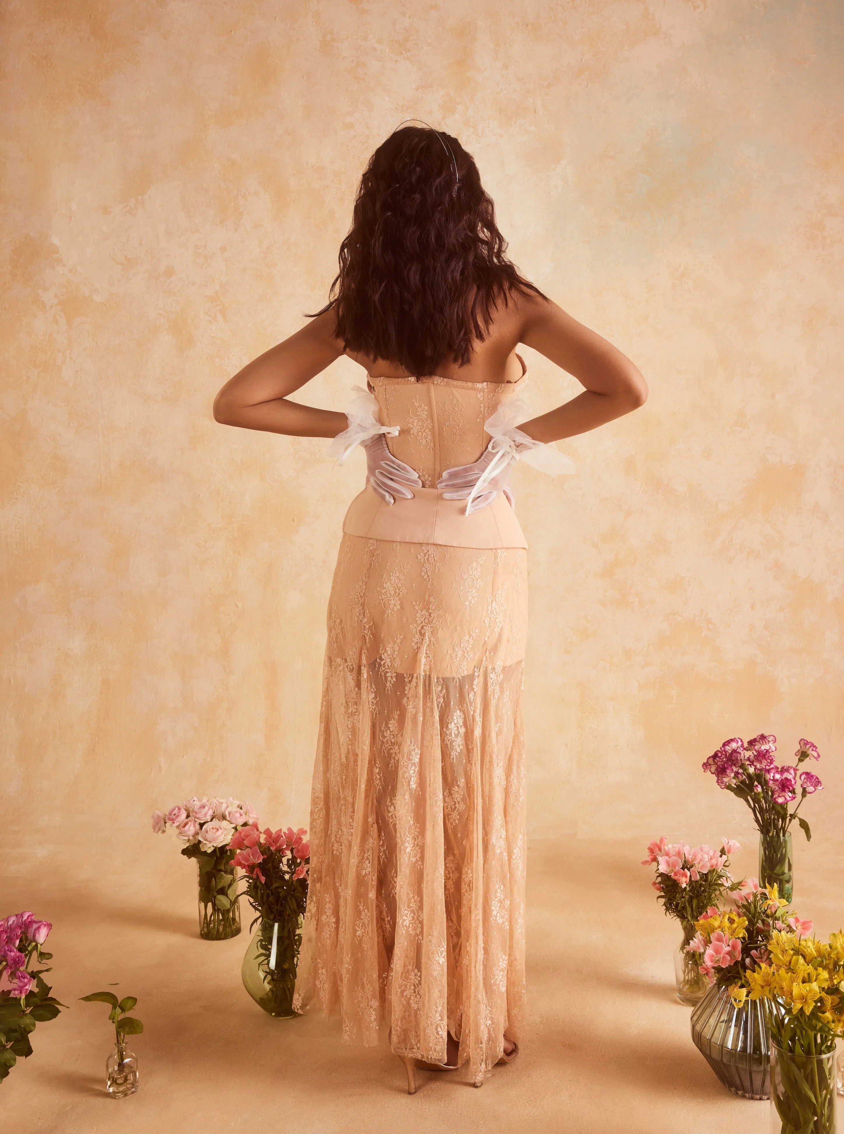 Flavia Beige Tube Corset & Mesh Maxi Skirt