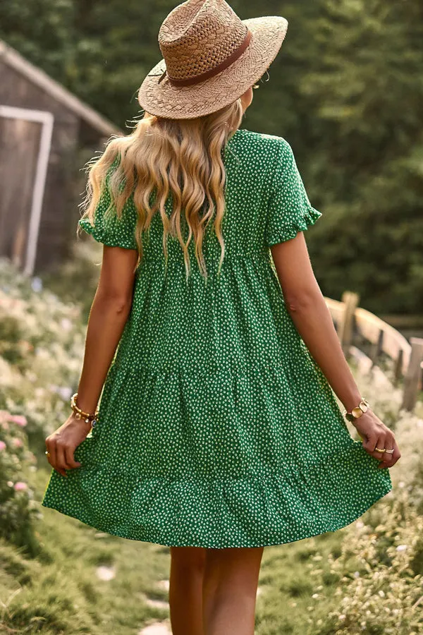 Floral Print Smocked Trendy Bohemian Mini Dress