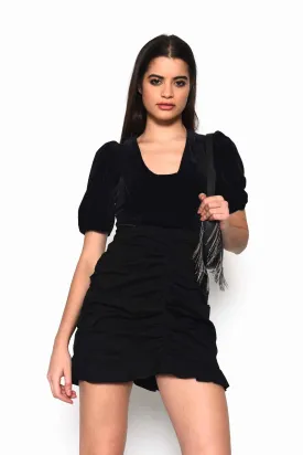 Glamorous Black Velvet Plunging Neck Bodysuit with Puff Sleeves