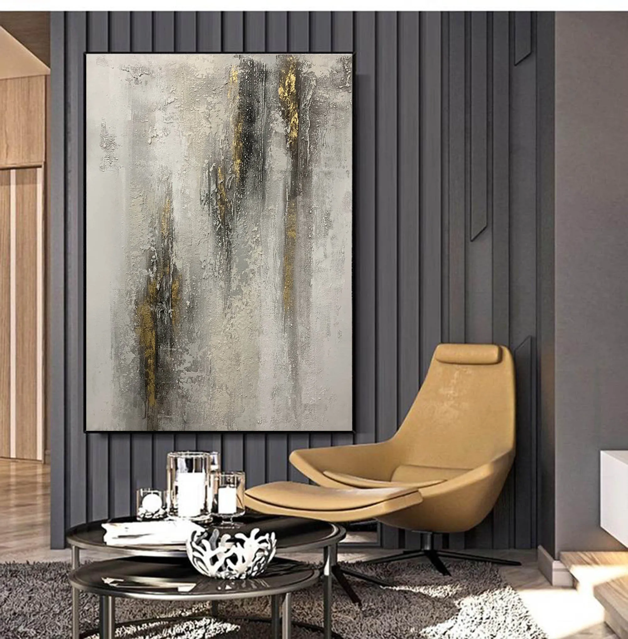 Gray White Gold Abstract Painting Contemporary Wall Art Op092