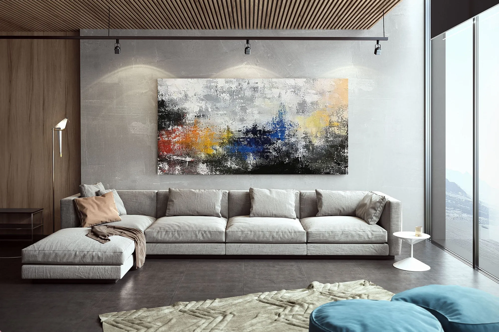 Grey Blue Yellow Abstract Painting Giant Canvas Painting Qp042