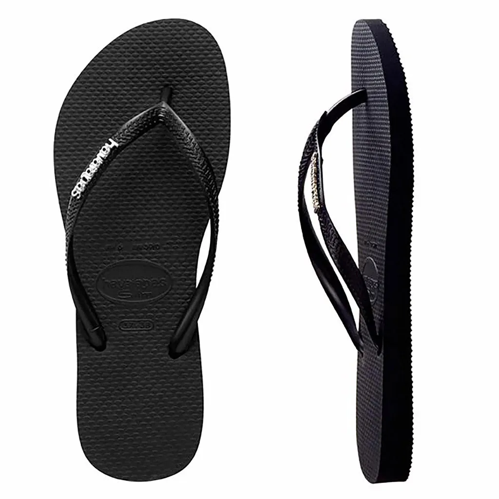 Havaianas Slim Metal Logo Black/Silver Thongs