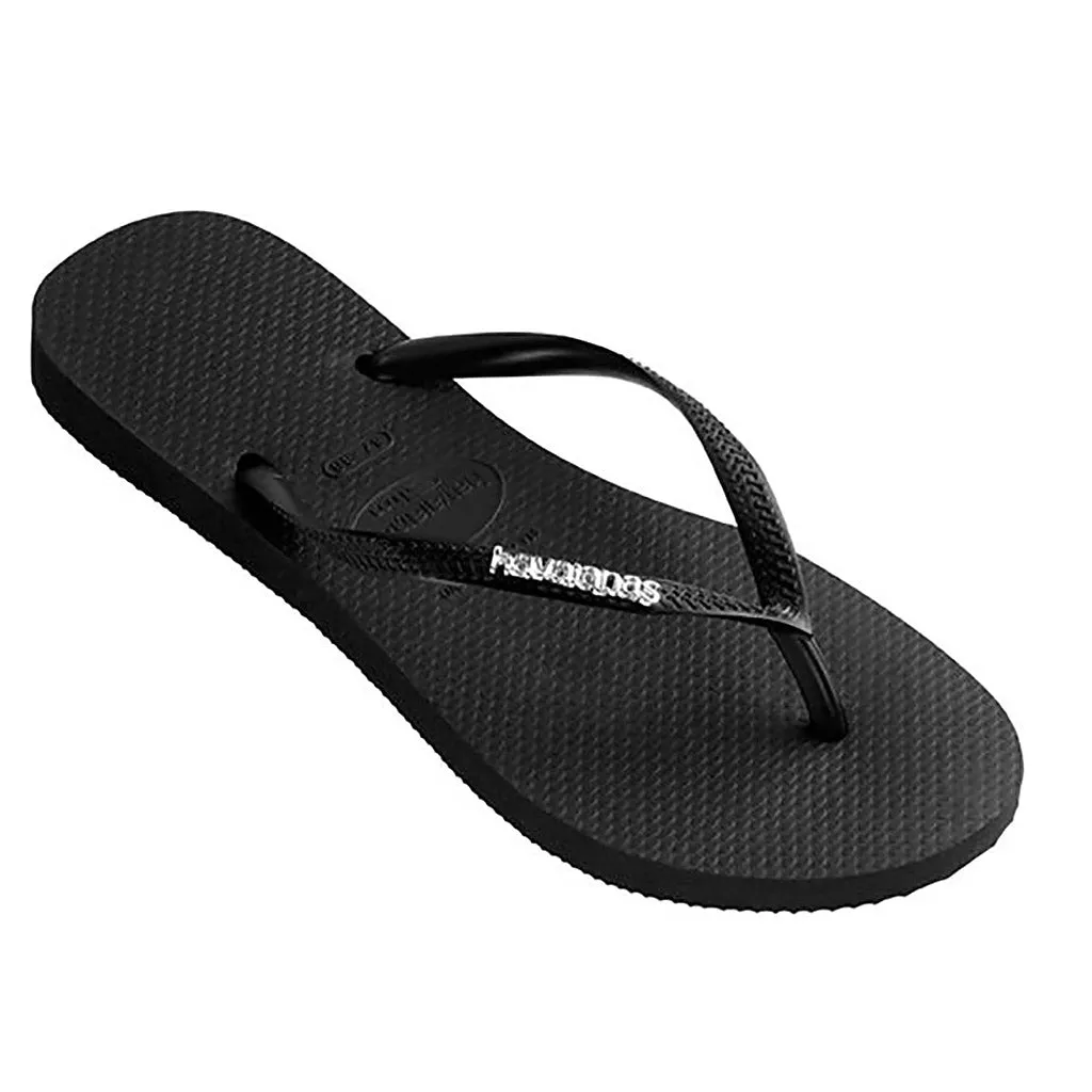 Havaianas Slim Metal Logo Black/Silver Thongs