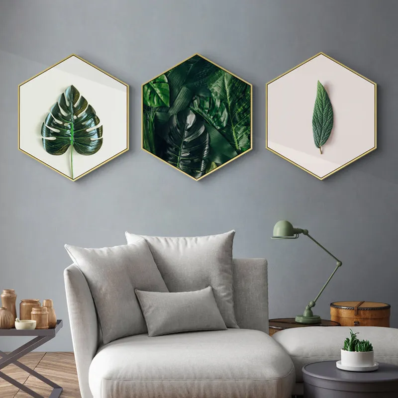 Hexagon Green Leaf Wall Art With Frame