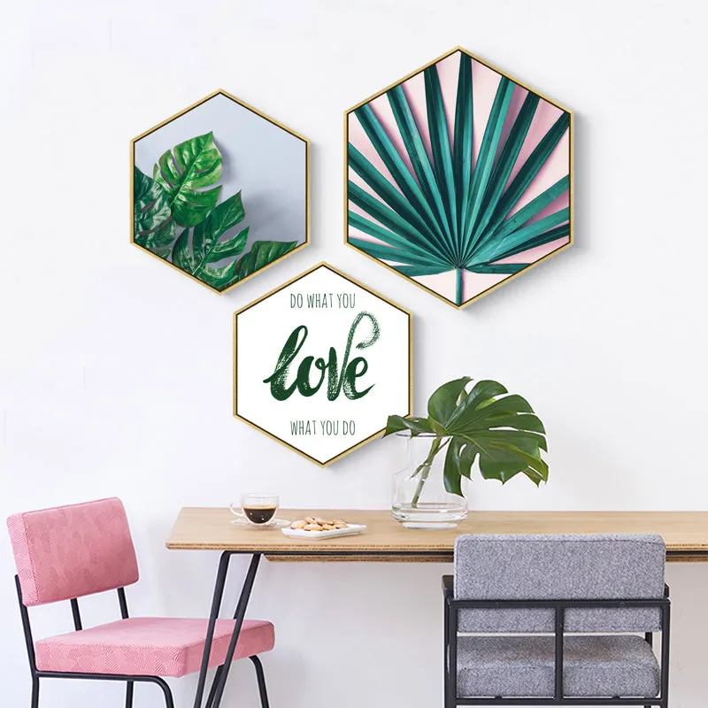 Hexagon Green Leaf Wall Art With Frame