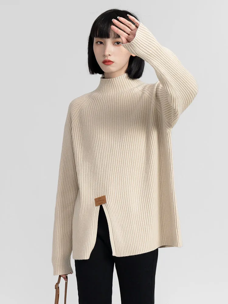 High Collar Split Hem Ribbed Sweater