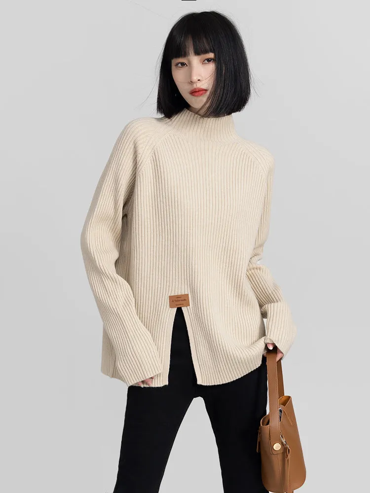 High Collar Split Hem Ribbed Sweater