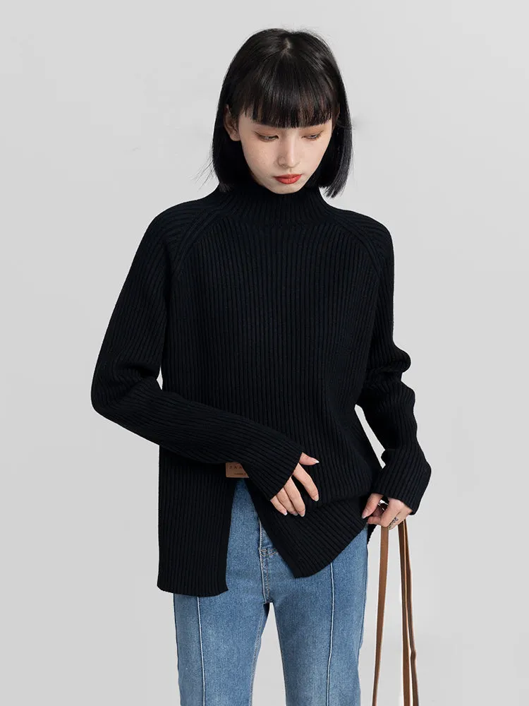 High Collar Split Hem Ribbed Sweater