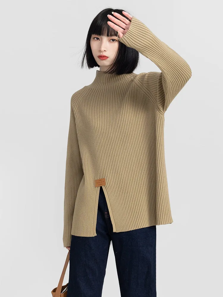 High Collar Split Hem Ribbed Sweater