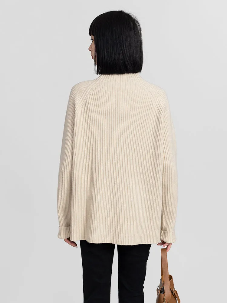 High Collar Split Hem Ribbed Sweater