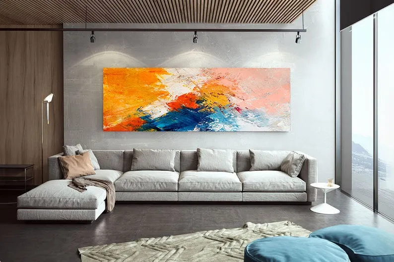 Large Contemporary Paintings on Canvas,Yellow Blue Modern Wall Art Gp064