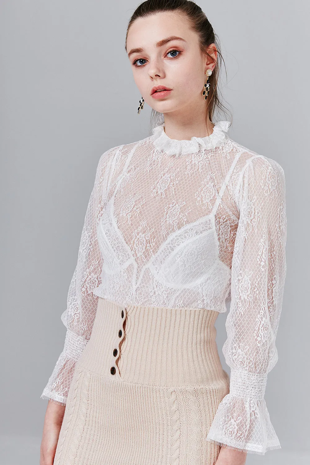 Mila High-Neck Floral-Lace Top