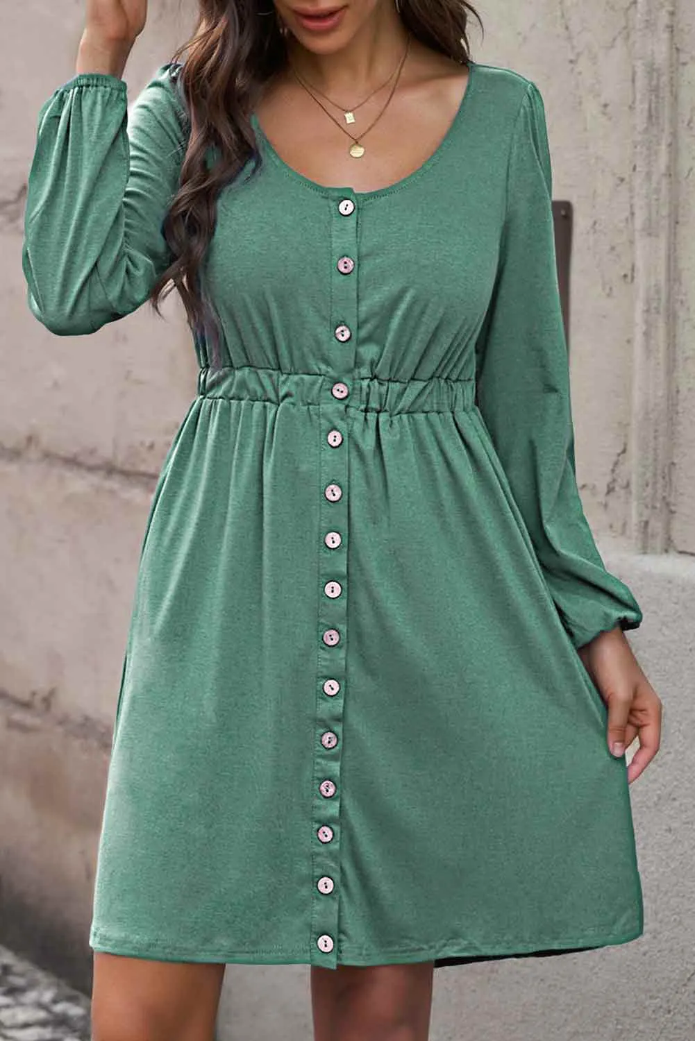 Plus Size Button Front Elastic Waist Long Sleeve Dress