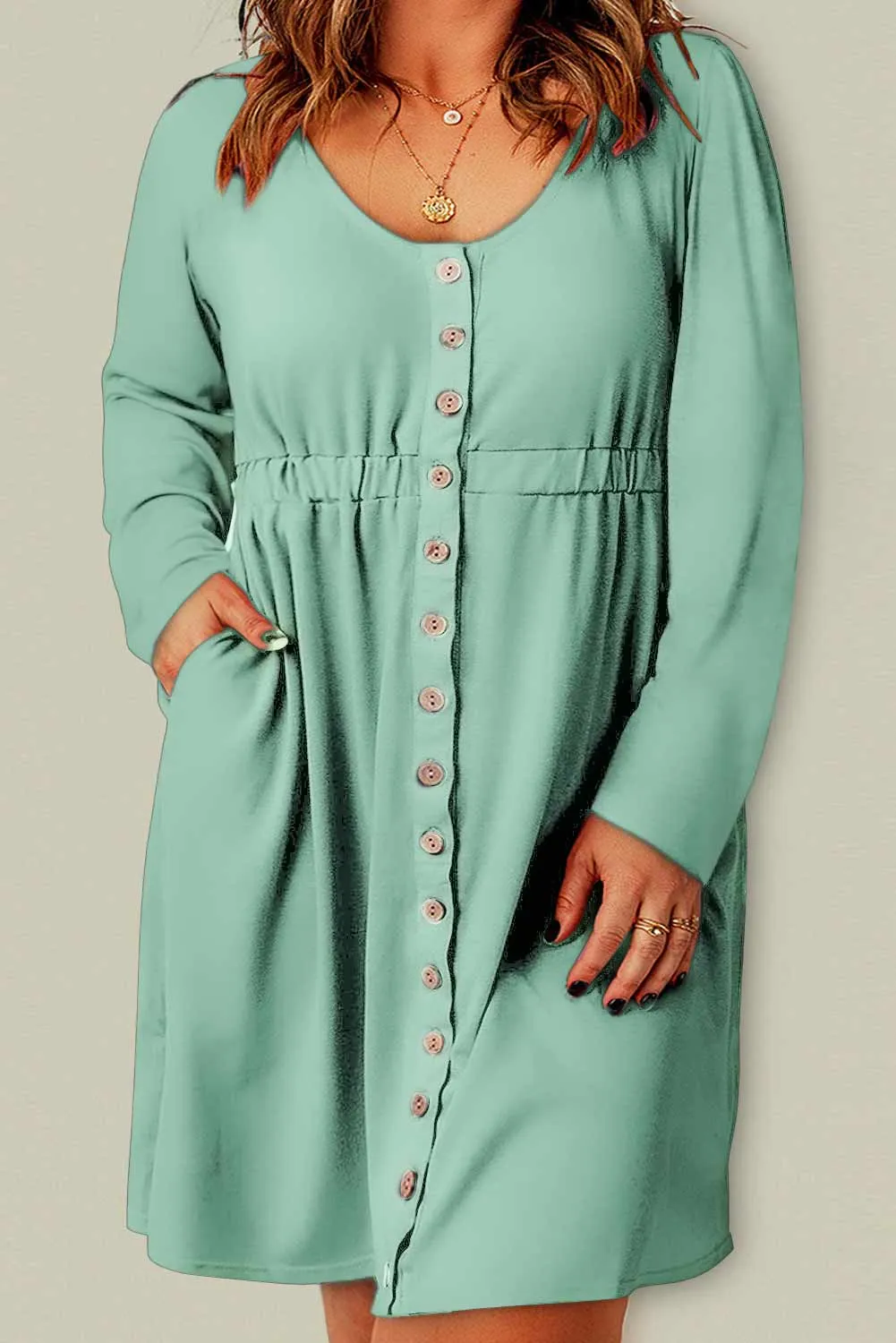 Plus Size Button Front Elastic Waist Long Sleeve Dress