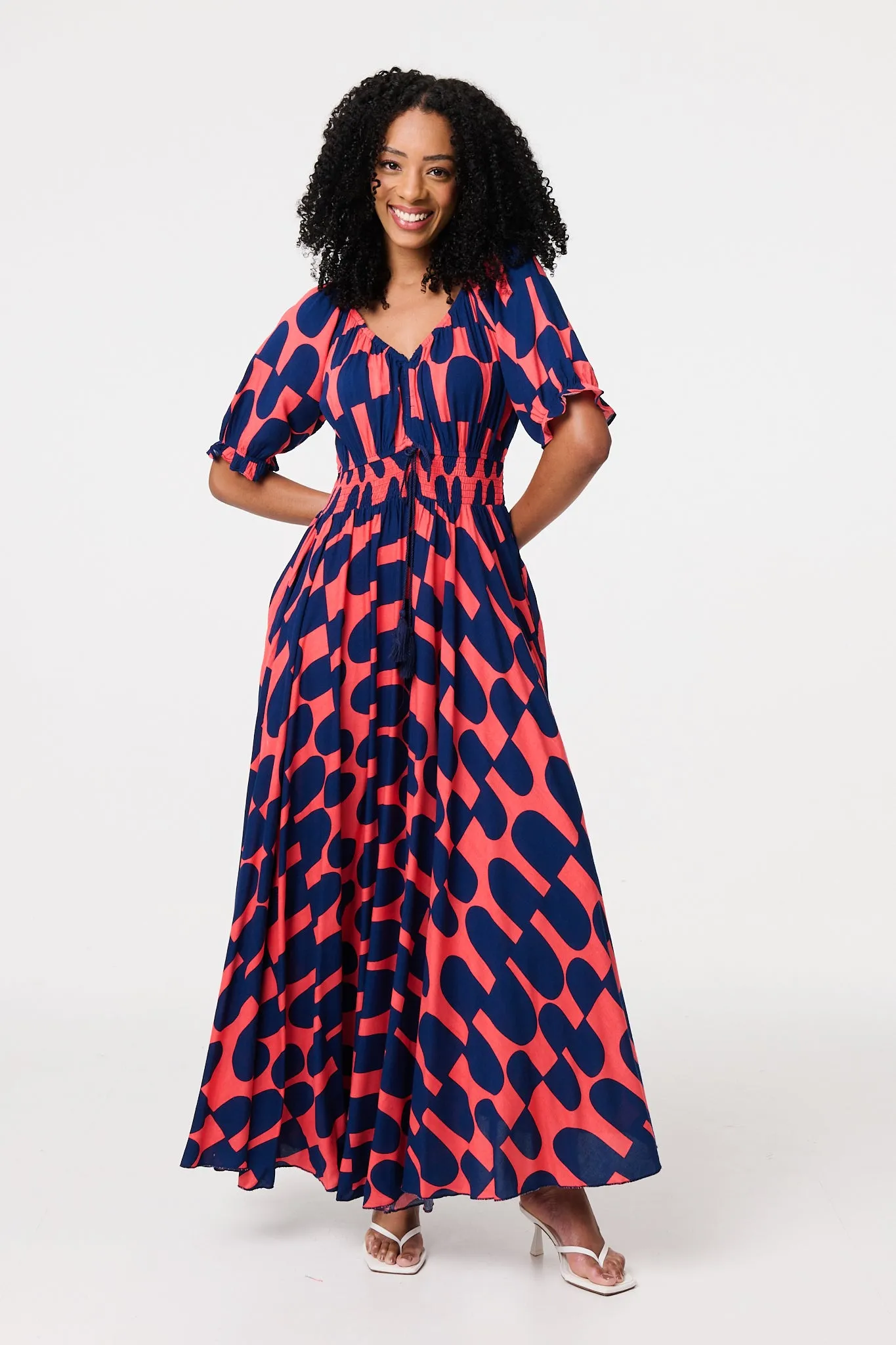 Printed V-Neck Short Puff Sleeve Maxi Dress