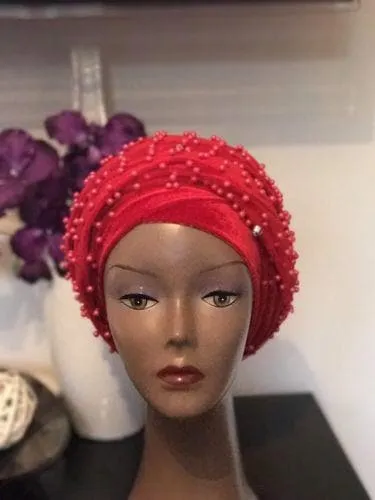 Red Fully Beaded  Double velvet Turban headwraps ....available in diff colour