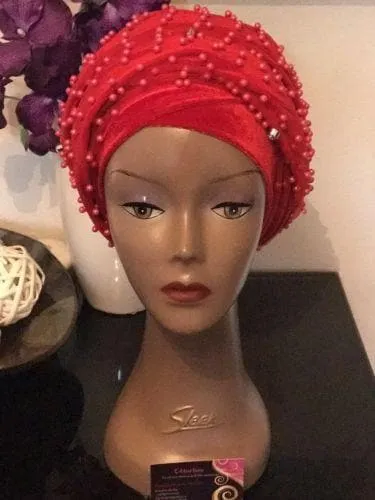 Red Fully Beaded  Double velvet Turban headwraps ....available in diff colour