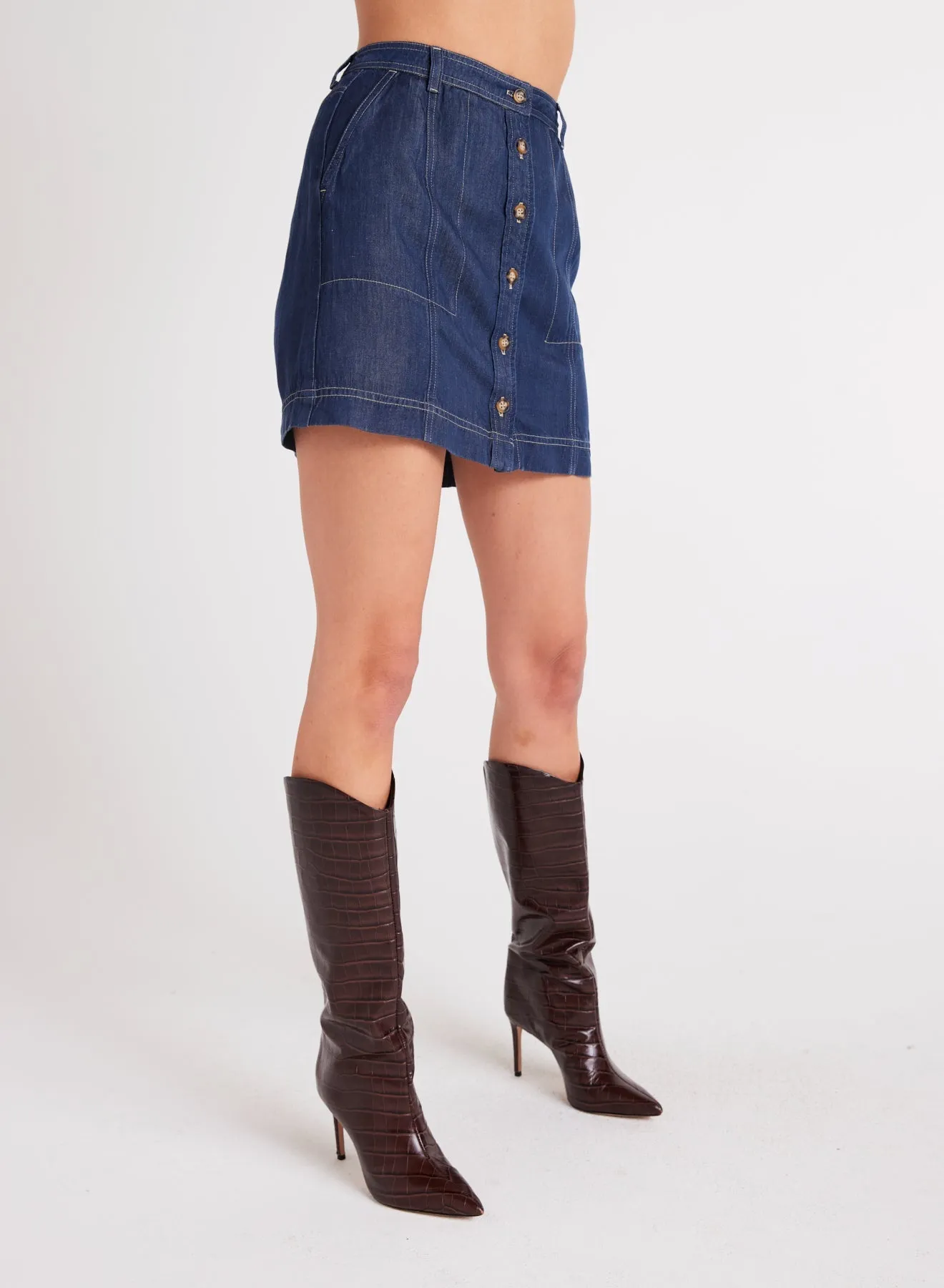 Seamed Button Front Skirt - Dark Denim