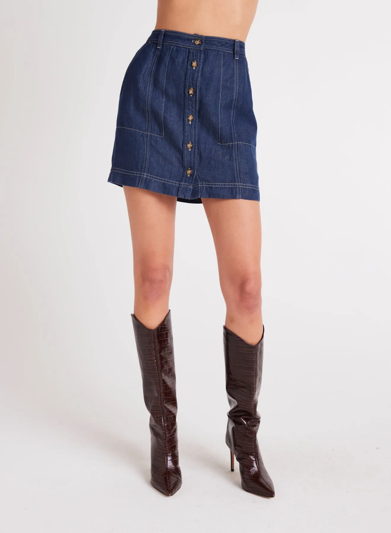 Seamed Button Front Skirt - Dark Denim