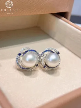 South Sea Pearl Blue Sapphire Diamond Earrings (Accept Pre-order)